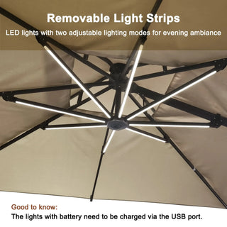 10 FT Aluminum Patio Cantilever Umbrella with Removable Light Strips