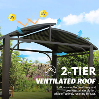 Hardtop Grill Outdoor BBQ Gazebo with 2 Side Shelves and Sloping Galvanized Steel Roof, Metal Permanent Grill Canopy with Ceiling Hooks