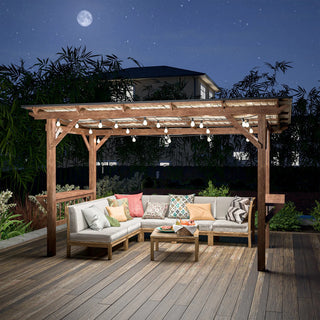 Wooden Pergola Grill with Metal Roof & Bulbs & Bar Counters 13' x 6.5'