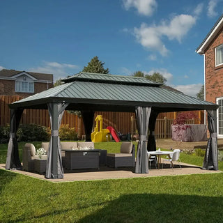 Aetherdome 12x20 FT Aluminum Hardtop Gazebo with Double Roof, Curtains & Netting