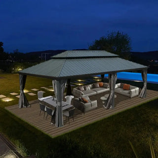 Aetherdome 12x20 FT Aluminum Hardtop Gazebo with Double Roof, Curtains & Netting
