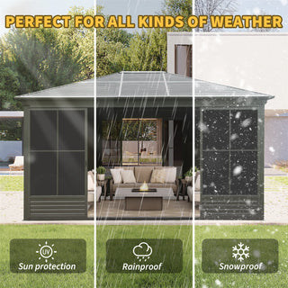 Solarium Aluminum Hardtop Gazebo with Galvanized Steel Roof, Movable PVC Screen Walls, Sliding Doors