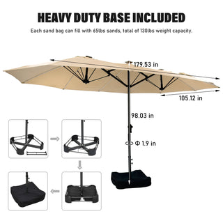 Rectangular Dual-Sided Patio Fiberglass Ribs Umbrella with LED Lights 15 FT