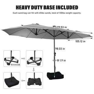 Rectangular Dual-Sided Patio Fiberglass Ribs Umbrella with LED Lights 15 FT