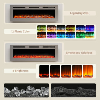 50" Wall Mounted & Recessed Electric Fireplace with 12 Flame Colors