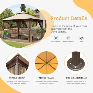 Aetherdome 10x13 FT Outdoor Gazebo with Double Roof & Mosquito Net Khaki