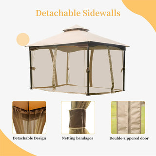Aetherdome 10x13 FT Outdoor Gazebo with Double Roof & Mosquito Net Khaki