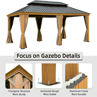 Aetherdome Wood-Look Aluminum Pavilion Hardtop Gazebo with Galvanized Steel Double Roof, Curtains & Netting