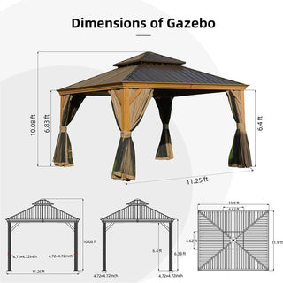 Aetherdome Wood-Look Aluminum Pavilion Hardtop Gazebo with Galvanized Steel Double Roof, Curtains & Netting