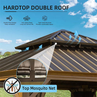 Aetherdome Wood-Look Aluminum Pavilion Hardtop Gazebo with Galvanized Steel Double Roof, Curtains & Netting