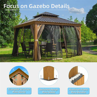 Aetherdome Wood-Look Aluminum Pavilion Hardtop Gazebo with Galvanized Steel Double Roof, Curtains & Netting
