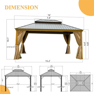 Aetherdome Wood-Look Aluminum Pavilion Hardtop Gazebo with Galvanized Steel Double Roof, Curtains & Netting