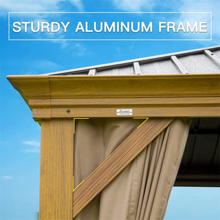 Aetherdome Wood-Look Aluminum Pavilion Hardtop Gazebo with Galvanized Steel Double Roof, Curtains & Netting