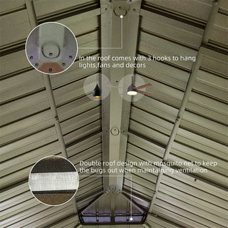 Aetherdome Wood-Look Aluminum Pavilion Hardtop Gazebo with Galvanized Steel Double Roof, Curtains & Netting