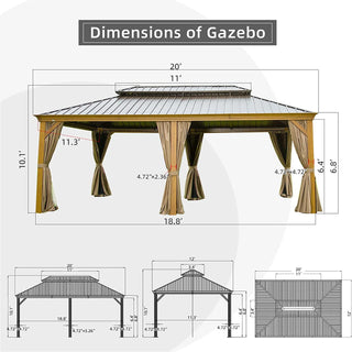 Aetherdome Wood-Look Aluminum Pavilion Hardtop Gazebo with Galvanized Steel Double Roof, Curtains & Netting