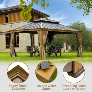 Aetherdome Wood-Look Aluminum Pavilion Hardtop Gazebo with Galvanized Steel Double Roof, Curtains & Netting