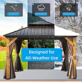 ZephyrDome Gazebo with  Cedar Wood Frame, Steel Double Roof, Curtains & Net for Patio