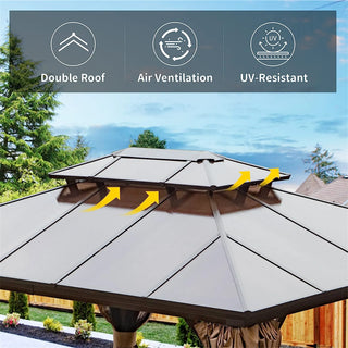 Aetherdome Permanent Aluminum Outdoor Hardtop Gazebo – Pavilion with Double Roof, Curtains & Netting