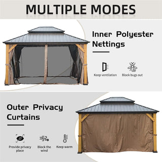 ZephyrDome Gazebo with  Cedar Wood Frame, Steel Double Roof, Curtains & Net for Patio