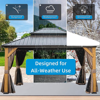 ZephyrDome Gazebo with  Cedar Wood Frame, Steel Double Roof, Curtains & Net for Patio