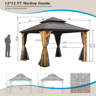 ZephyrDome Gazebo with  Cedar Wood Frame, Steel Double Roof, Curtains & Net for Patio