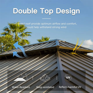 Aetherdome Wood-Look Aluminum Pavilion Hardtop Gazebo with Galvanized Steel Double Roof, Curtains & Netting