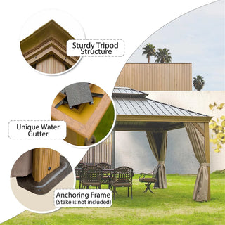 Aetherdome Wood-Look Aluminum Pavilion Hardtop Gazebo with Galvanized Steel Double Roof, Curtains & Netting