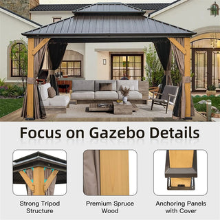ZephyrDome Gazebo with  Cedar Wood Frame, Steel Double Roof, Curtains & Net for Patio