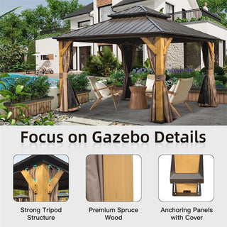 ZephyrDome Gazebo with  Cedar Wood Frame, Steel Double Roof, Curtains & Net for Patio