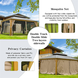 Aetherdome Wood-Look Aluminum Pavilion Hardtop Gazebo with Galvanized Steel Double Roof, Curtains & Netting