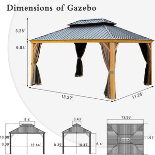 Aetherdome Wood-Look Aluminum Pavilion Hardtop Gazebo with Galvanized Steel Double Roof, Curtains & Netting