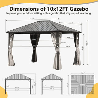 Aetherdome 10x12 FT Aluminum Hardtop Gazebo with Double Roof, Curtains & Netting