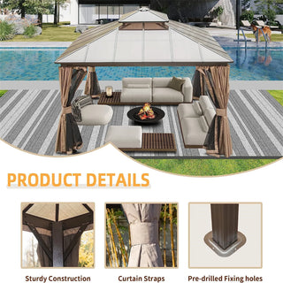 Aetherdome Permanent Aluminum Outdoor Hardtop Gazebo – Pavilion with Double Roof, Curtains & Netting