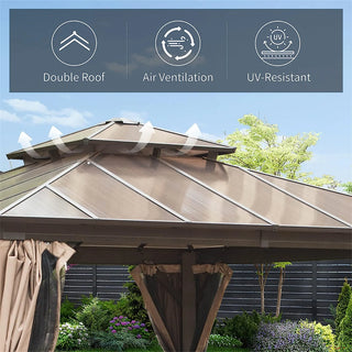 Aetherdome Permanent Aluminum Outdoor Hardtop Gazebo – Pavilion with Double Roof, Curtains & Netting