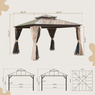 Aetherdome Permanent Aluminum Outdoor Hardtop Gazebo – Pavilion with Double Roof, Curtains & Netting