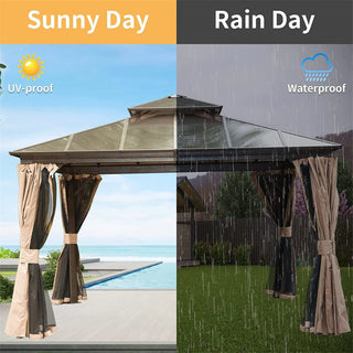 Aetherdome Permanent Aluminum Outdoor Hardtop Gazebo – Pavilion with Double Roof, Curtains & Netting