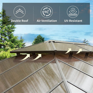 Aetherdome Permanent Aluminum Outdoor Hardtop Gazebo – Pavilion with Double Roof, Curtains & Netting