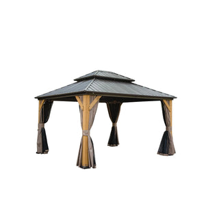 ZephyrDome Gazebo with  Cedar Wood Frame, Steel Double Roof, Curtains & Net for Patio