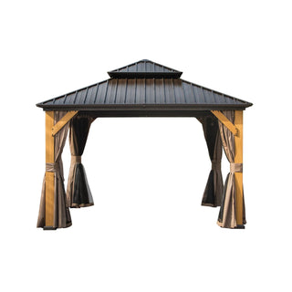 ZephyrDome Gazebo with  Cedar Wood Frame, Steel Double Roof, Curtains & Net for Patio