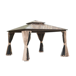 Aetherdome Permanent Aluminum Outdoor Hardtop Gazebo – Pavilion with Double Roof, Curtains & Netting