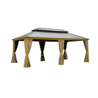 Aetherdome Wood-Look Aluminum Pavilion Hardtop Gazebo with Galvanized Steel Double Roof, Curtains & Netting