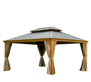 Aetherdome Wood-Look Aluminum Pavilion Hardtop Gazebo with Galvanized Steel Double Roof, Curtains & Netting