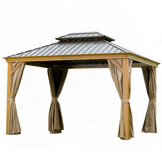 Aetherdome Wood-Look Aluminum Pavilion Hardtop Gazebo with Galvanized Steel Double Roof, Curtains & Netting