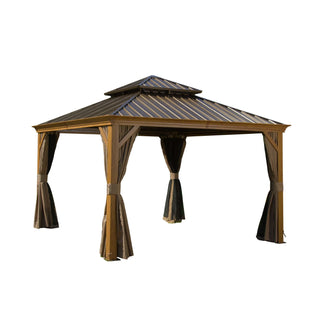 Aetherdome Wood-Look Aluminum Pavilion Hardtop Gazebo with Galvanized Steel Double Roof, Curtains & Netting