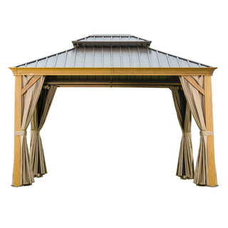 Aetherdome Wood-Look Aluminum Pavilion Hardtop Gazebo with Galvanized Steel Double Roof, Curtains & Netting