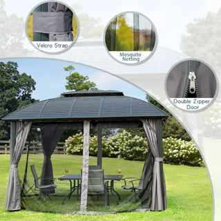 Aetherdome 10x12 FT Aluminum Hardtop Gazebo with Double Roof, Curtains & Netting