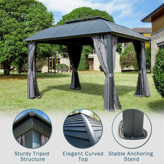 Aetherdome 10x12 FT Aluminum Hardtop Gazebo with Double Roof, Curtains & Netting