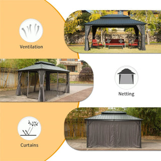 Aetherdome 10x14 FT Aluminum Hardtop Gazebo with Double Roof, Curtains & Netting