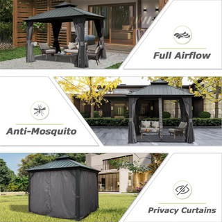 Aetherdome 10x10 FT Aluminum Hardtop Gazebo with Double Roof, Curtains & Netting
