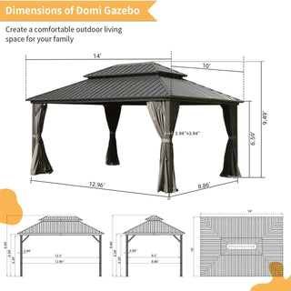 Aetherdome 10x14 FT Aluminum Hardtop Gazebo with Double Roof, Curtains & Netting